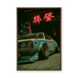 Teal Japanese Car Retro Wall Art Poster – Neon Gate Drift Scene