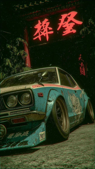 Teal Japanese Car Retro Wall Art Poster – Neon Gate Drift Scene