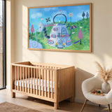 Teapot Fairy House Kids Wall Art Print – Whimsical Garden Fantasy