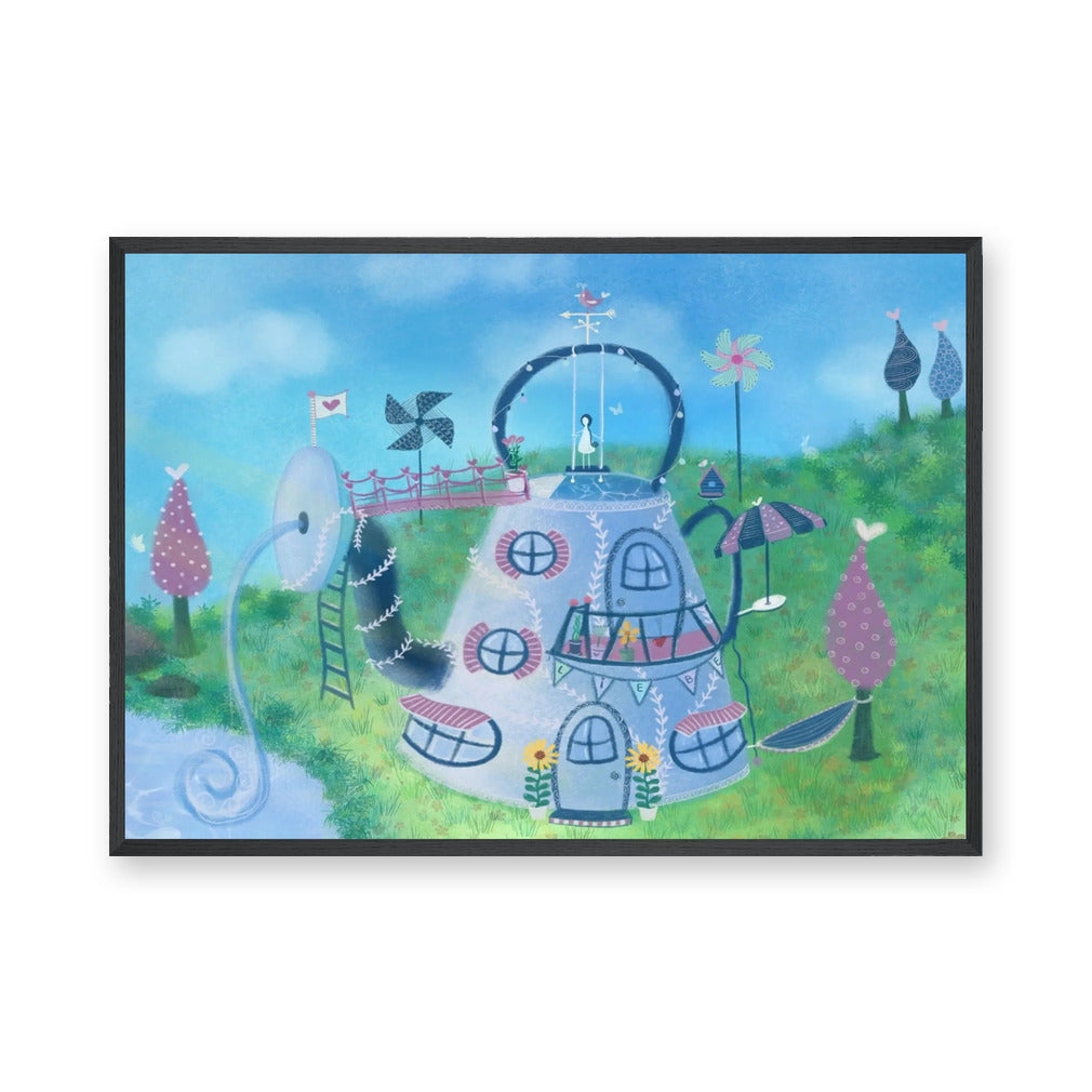 Teapot Fairy House Kids Wall Art Print – Whimsical Garden Fantasy