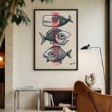 Three Fish Line-Art Wall Art Poster – Coastal Retro Beige Ocean Print