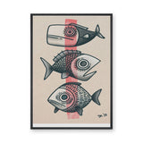 Three Fish Line-Art Wall Art Poster – Coastal Retro Beige Ocean Print