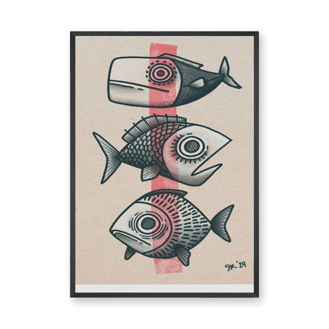 Three Fish Line-Art Wall Art Poster – Coastal Retro Beige Ocean Print