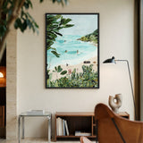 Tropical Beach Coastal Wall Art Print – Watercolor Surfers and Foliage
