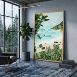 Tropical Beach Coastal Wall Art Print – Watercolor Surfers and Foliage