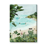 Tropical Beach Coastal Wall Art Print – Watercolor Surfers and Foliage