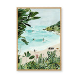 Tropical Beach Coastal Wall Art Print – Watercolor Surfers and Foliage