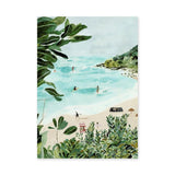 Tropical Beach Coastal Wall Art Print – Watercolor Surfers and Foliage