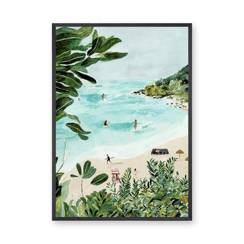 Tropical Beach Coastal Wall Art Print – Watercolor Surfers and Foliage