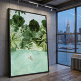 Tropical Lagoon Botanical Wall Art Poster – Watercolor Swimmer in Lush Palms