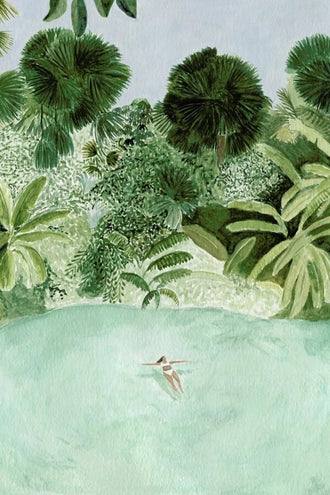 Tropical Lagoon Botanical Wall Art Poster – Watercolor Swimmer in Lush Palms