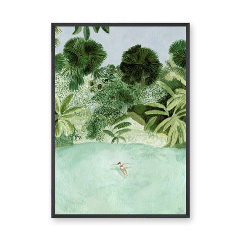Tropical Lagoon Botanical Wall Art Poster – Watercolor Swimmer in Lush Palms