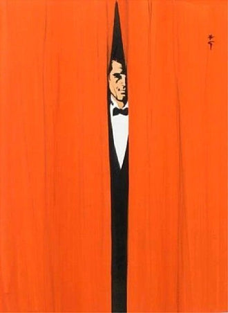 Tuxedo Man Minimalist Wall Art Poster – Orange Curtain Spy Portrait