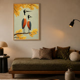 Two Birds Perched Mid Century Modern Wall Decor – Yellow Botanical Bird Print