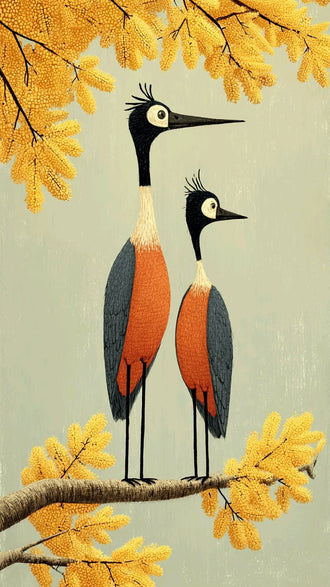 Two Birds Perched Mid Century Modern Wall Decor – Yellow Botanical Bird Print