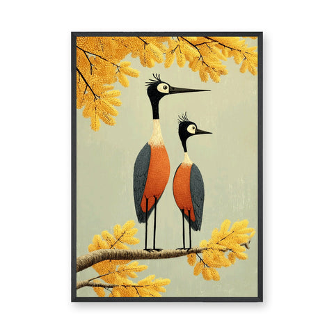 Two Birds Perched Mid Century Modern Wall Decor – Yellow Botanical Bird Print