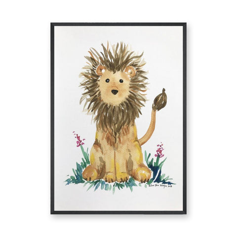 Watercolor Lion Cub Wall Art Poster – Cute Floral Safari Nursery Print