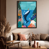 Whale Surfer Coastal Kids Wall Art Print – Colorful Coral Reef Adventure