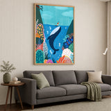 Whale Surfer Coastal Kids Wall Art Print – Colorful Coral Reef Adventure