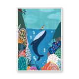 Whale Surfer Coastal Kids Wall Art Print – Colorful Coral Reef Adventure