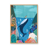 Whale Surfer Coastal Kids Wall Art Print – Colorful Coral Reef Adventure