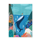 Whale Surfer Coastal Kids Wall Art Print – Colorful Coral Reef Adventure