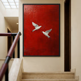 White Birds Modern Abstract Wall Art Poster – Textured Deep Red Background
