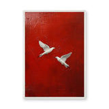 White Birds Modern Abstract Wall Art Poster – Textured Deep Red Background