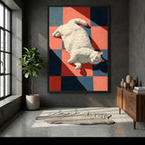 White Cat Geometric Wall Art Poster – Sunlit Lounge on Red and Blue Tiles