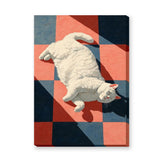 White Cat Geometric Wall Art Poster – Sunlit Lounge on Red and Blue Tiles