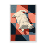 White Cat Geometric Wall Art Poster – Sunlit Lounge on Red and Blue Tiles