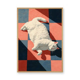 White Cat Geometric Wall Art Poster – Sunlit Lounge on Red and Blue Tiles