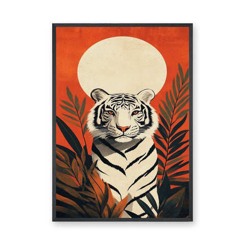 White Tiger Jungle Modern Wall Art Print – Orange Botanical Tiger Print