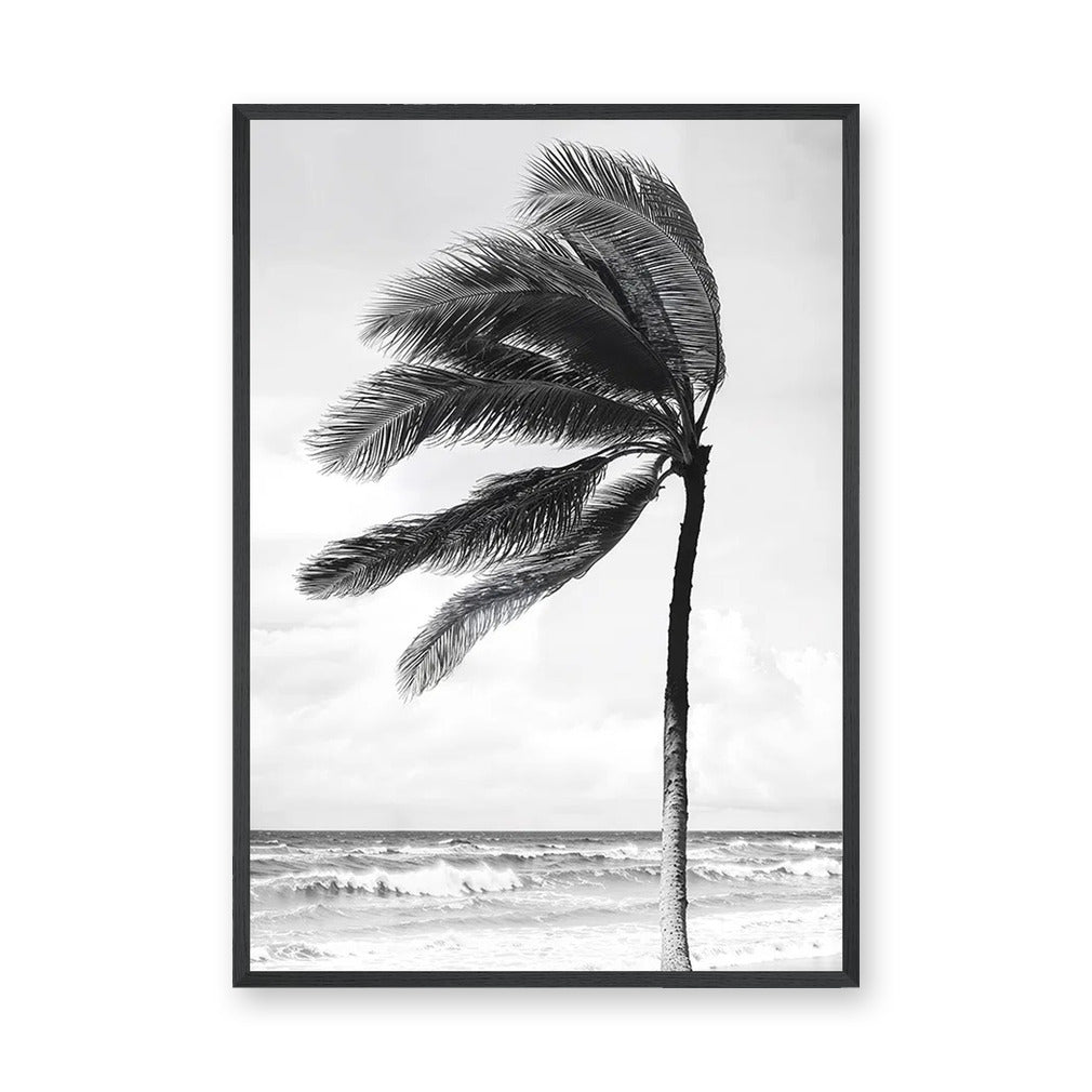 Windblown Palm Coastal Wall Art Poster – Black and White Beach Photograph