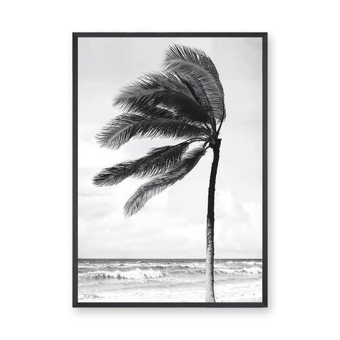 Windblown Palm Coastal Wall Art Poster – Black and White Beach Photograph