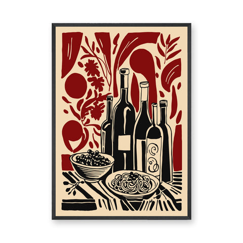 Wine Table Still Life Modern Wall Art Poster – Red Botanical Dining Print