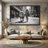 Woman Walking Lion Surreal Wall Art Print – Black and White City Street Scene