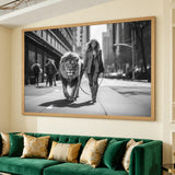 Woman Walking Lion Surreal Wall Art Print – Black and White City Street Scene