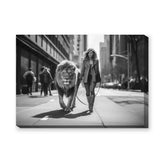 Woman Walking Lion Surreal Wall Art Print – Black and White City Street Scene