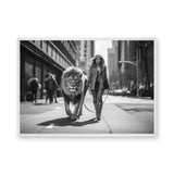 Woman Walking Lion Surreal Wall Art Print – Black and White City Street Scene