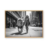 Woman Walking Lion Surreal Wall Art Print – Black and White City Street Scene