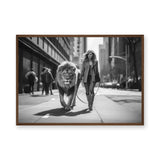 Woman Walking Lion Surreal Wall Art Print – Black and White City Street Scene