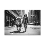 Woman Walking Lion Surreal Wall Art Print – Black and White City Street Scene