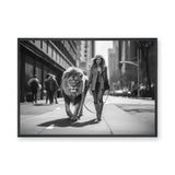 Woman Walking Lion Surreal Wall Art Print – Black and White City Street Scene