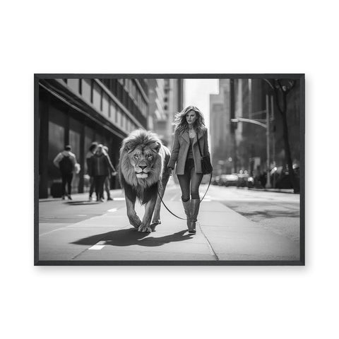 Woman Walking Lion Surreal Wall Art Print – Black and White City Street Scene