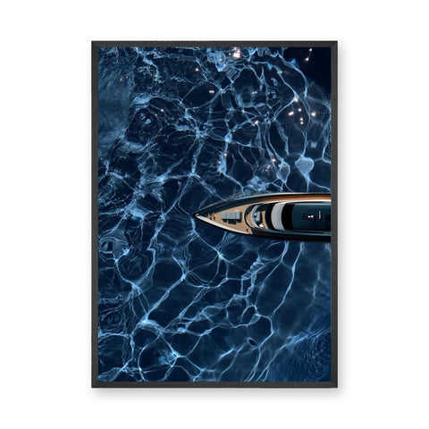 Yacht Ocean Modern Wall Art Poster – Overhead Boat on Deep Blue Water